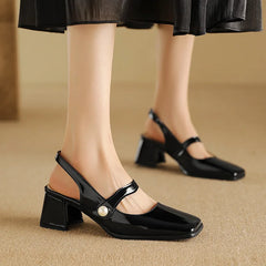Slingback Sandals Square Toe Patent Leather Block High Heeled Mary Jane Shoes Gold Silver
