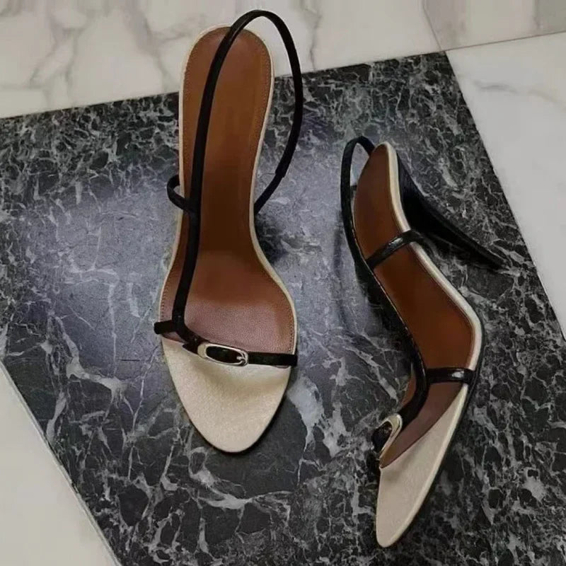 Buckle Open Toe Slip on Back Strap Sandals Black White High Heels Wedding Prom Shoes Zapatos Mujer