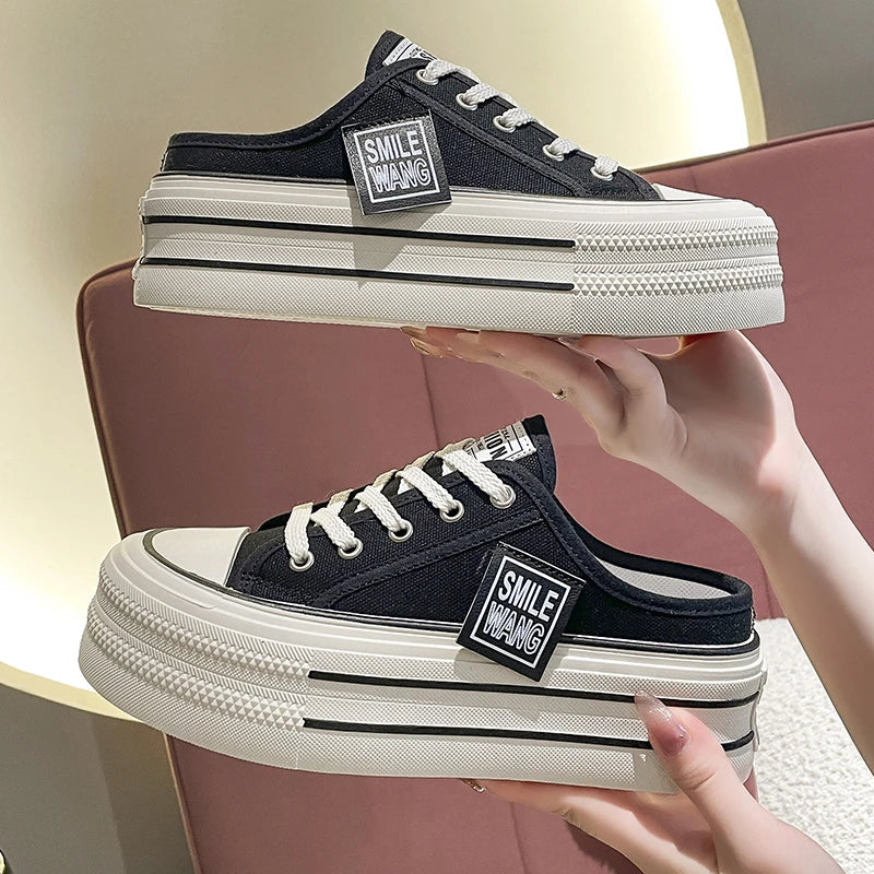 Canvas Platform Wedge Thick Slippers Lace Up Chunky Sneaker Casual Comfy High Brand Breathable Heightening Shoes