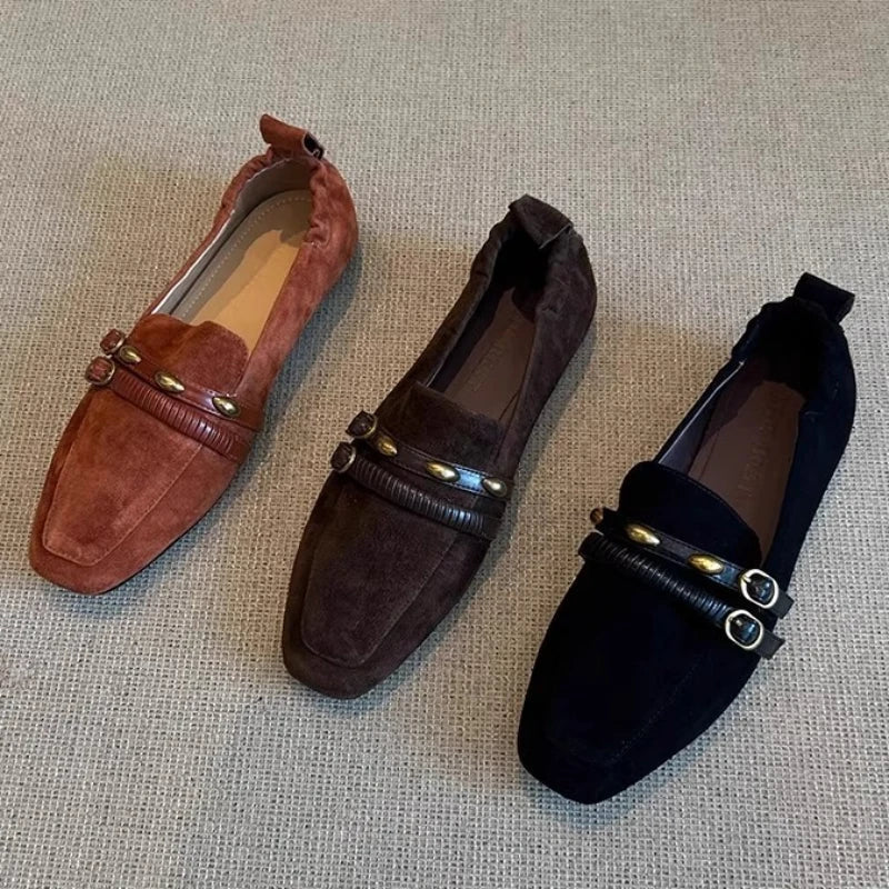 British Style Suede Square Toe Loafers Retro Belt Buckle Design Flats Shoes Comfortable Casual Commute Office Shoe