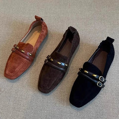 British Style Suede Square Toe Loafers Retro Belt Buckle Design Flats Shoes Comfortable Casual Commute Office Shoe