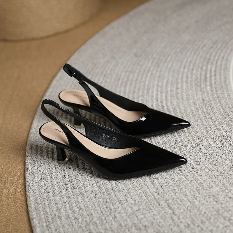 Elegant Slingback High Heels Sandals Woman Rear-Strap Shoes Office Dress Shiny Leather Pumps Pointed Toe Cut-Out Tacones
