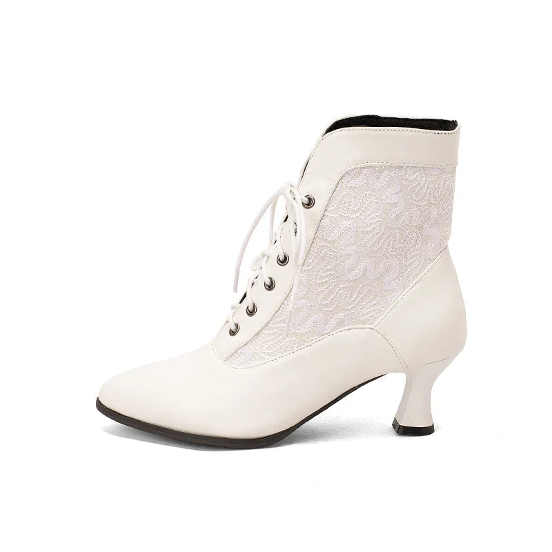 White Red Victorian Pointed Toe Ankle Boots PU Leather Embroidered Laces Punk Cross-tied Kitten High Heel Shoes Plus Size