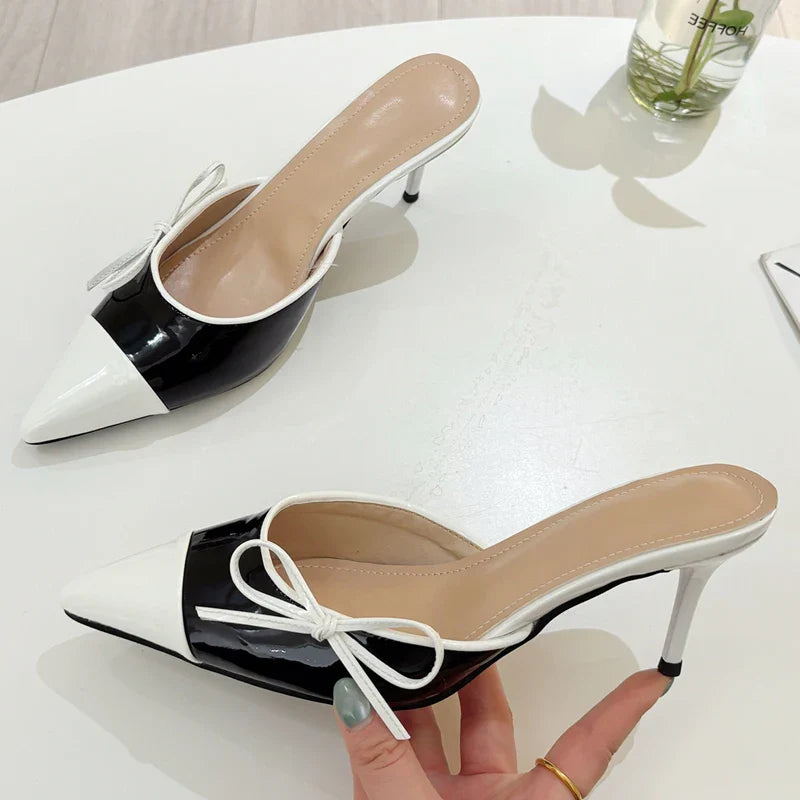 Butterfly-knot Pointed Toe Mule Slippers Elegant Thin Heels Party Dress