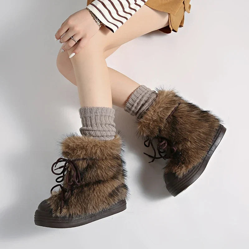 Furry Lace Up Snow Boots Concise Height Increase Shoes Thick Sole Warm Cotton Short Booties Zapatos De Muje
