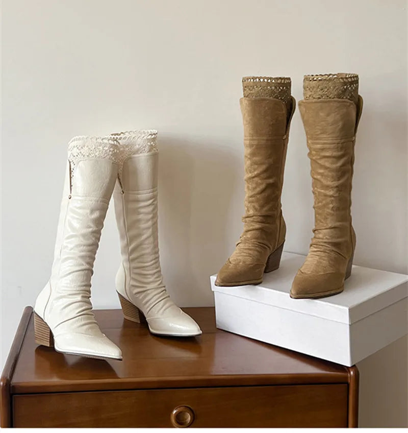 Pleated Design Knee-High Boots Vintage Faux Suede Lace High heels Western Cowboy Long Booties Shoes