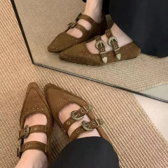 Rivets Pointed Toe Mary Jane Shoes High Quality Double Belt Buckle Design British Style Casual Flat Shoes