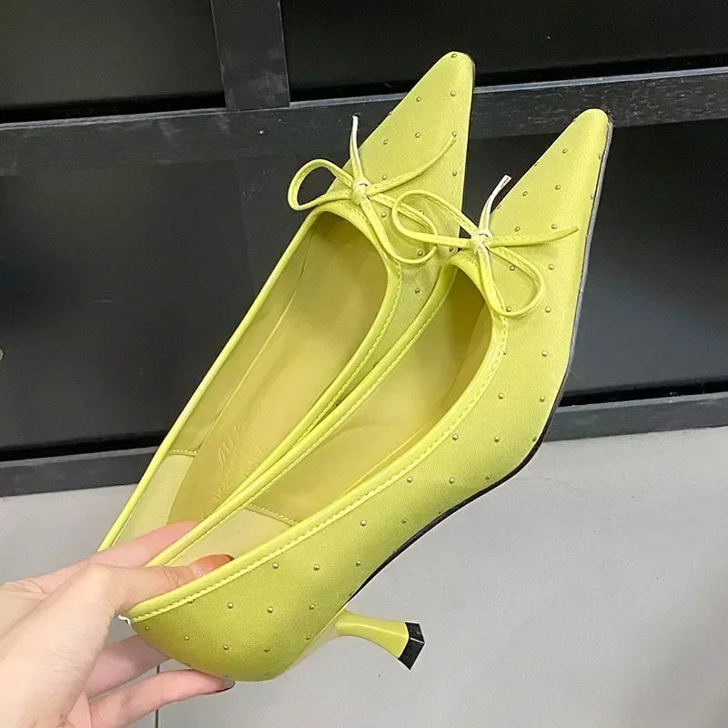 Rhinestone Bow Decoration Pointed Toe Satin Thin High Heels Elegant Banquet Shoes Mules Loafers