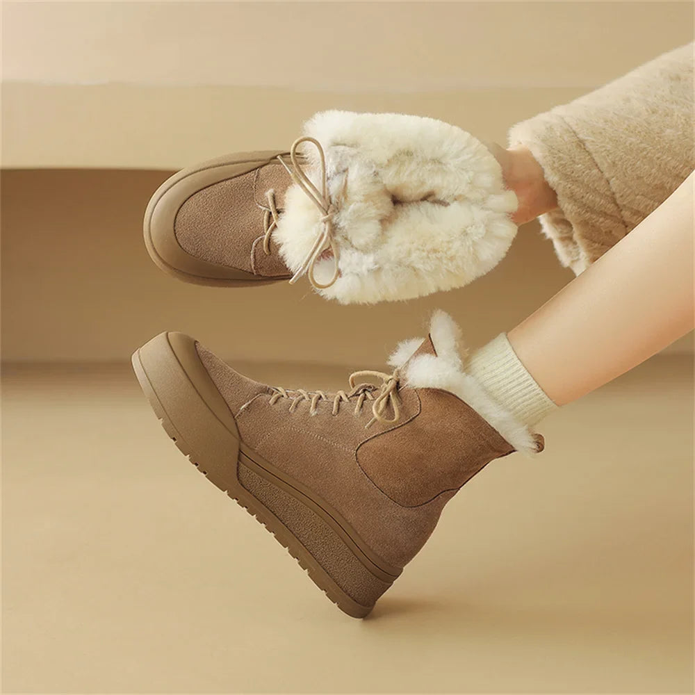 Wool Snow Boots Flats With Platforms Cross-tied Ankle Boots Round Toe Fur Short Warm Boots Shoes