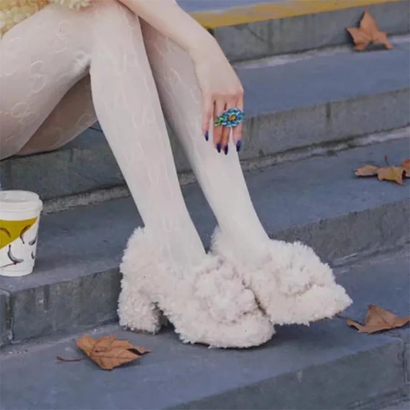 White Teddy Curly Fur Shoes High Heels with Velvet Outer Wear Thick Heels Mary Jane Single Shoes