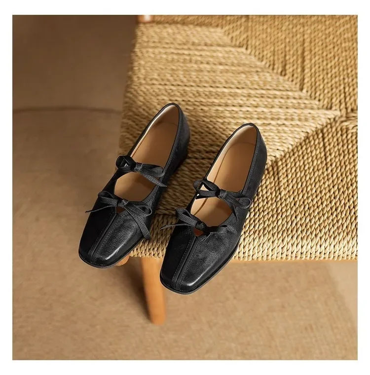 Mary Jane Shoes Ballet Bow Square Toe Mid Heels Nude Shoes Casual Elegant Shallow Pumps