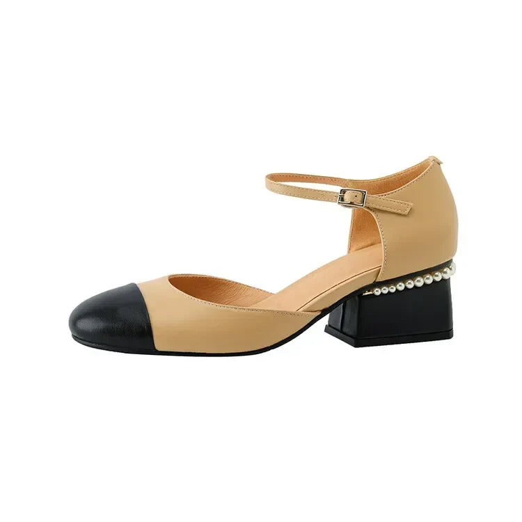 Sheepskin Leather Pumps Pearls Chunky Heels Shoes Brand Two Tone Buckle Pumps Wedding Party Dressy Shoes