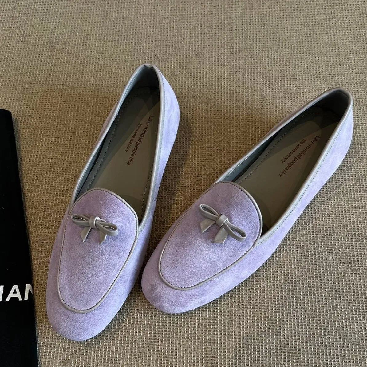 Suede Loafers shoes with Genuine Leather Bow Decoration Flat Shoes Comfortable Shallow Mouth Shoes