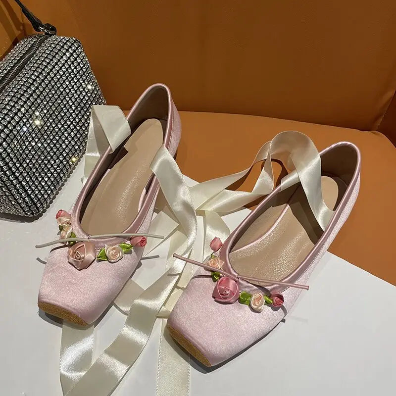Square toe silk pink ballet shoes flower lace up chunky heel