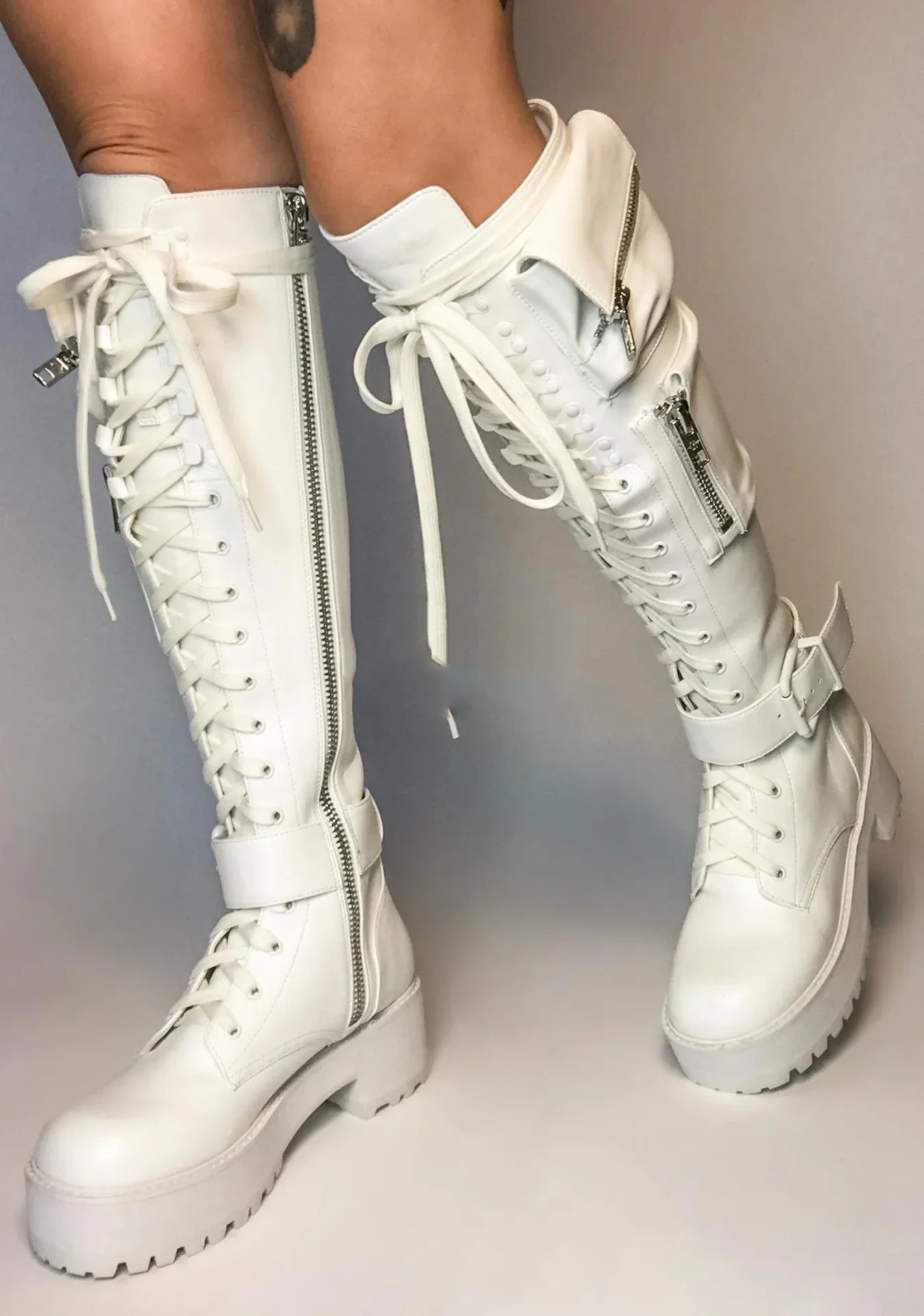 Motorcycle Boots Round Toe Lace-Up Knee High Heels Side Zipper 39 Big Size Goth Punk Free Shipping Shoes