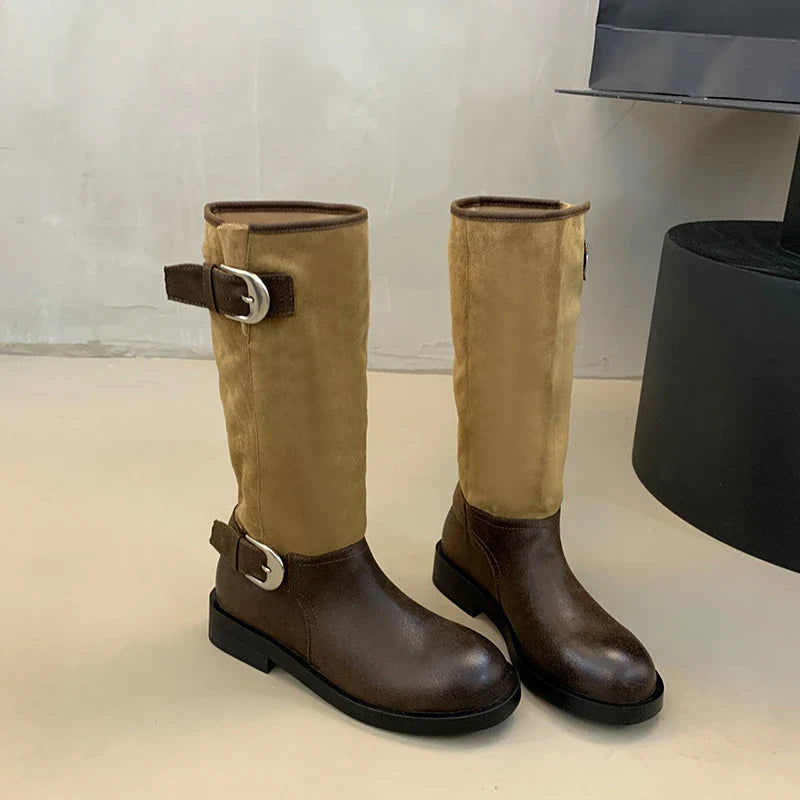 Belt Buckle Knight High Boots Thick Heel Shoes Vintage Slip On Slim Long Booties Zapatos De Muje