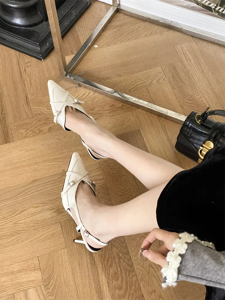 Street Style Buckle Strap Thin High Heels Pointed Toe Wedding Banquet Mule Shoes Zapatillas De Mujer