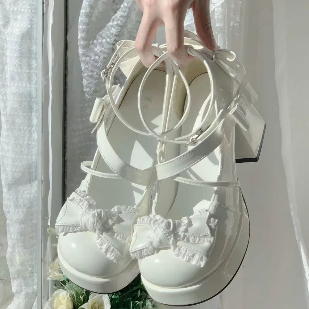 Lolita Bow Bow Decor Pumps Platform Chunky High Heels Ankle Strap Sweet Cute Elegant Pumps