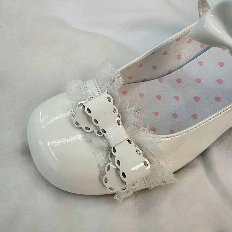 Lolita Style Cute Round Head Jane Pumps with Bow Sweet Party Dress Midi Heels Shoes PU Sandals
