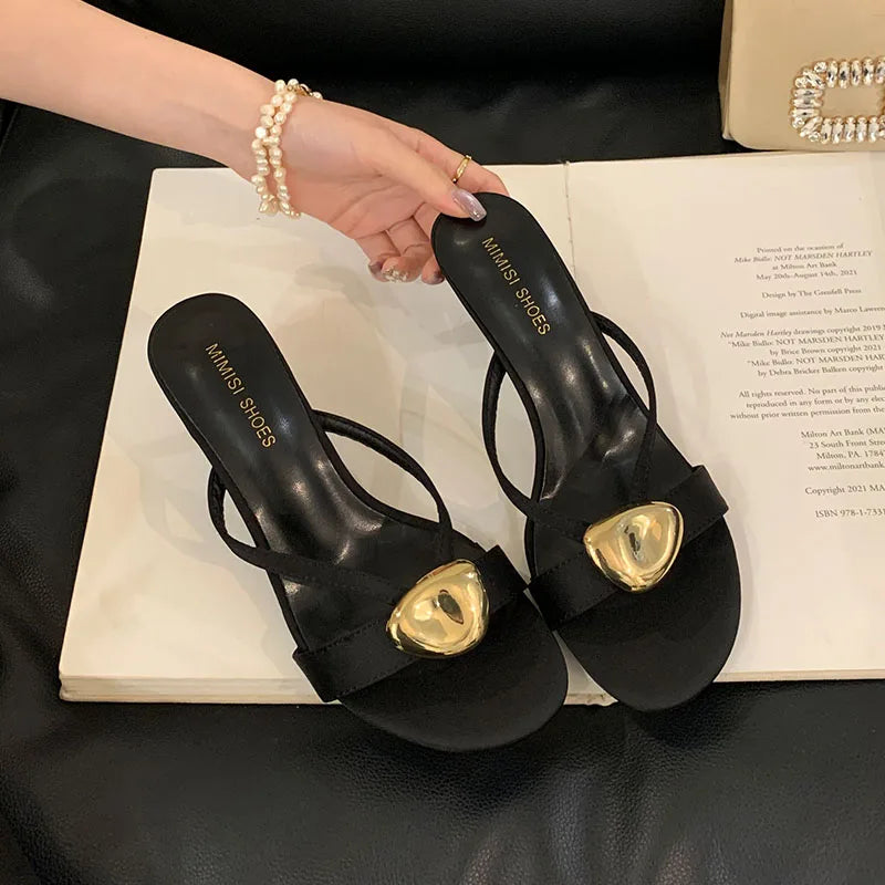 Metal High Heels Pumps Slides Shoes In Slip Round Toe Thin Heels Shoes
