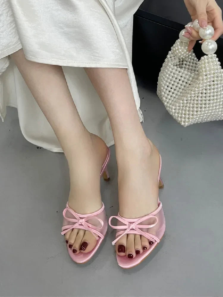 Butterfly-knot Breathable Holes Mesh Open Toe Woman Slippers Thin High Heels Party