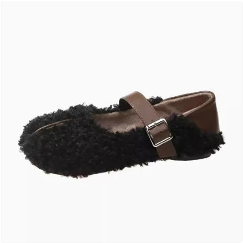 Shoes Woman Flats Loafers Fur Round Toe Casual Sneakers Dress Moccasin Fall Leisure Buckle Strap Flock Rubb