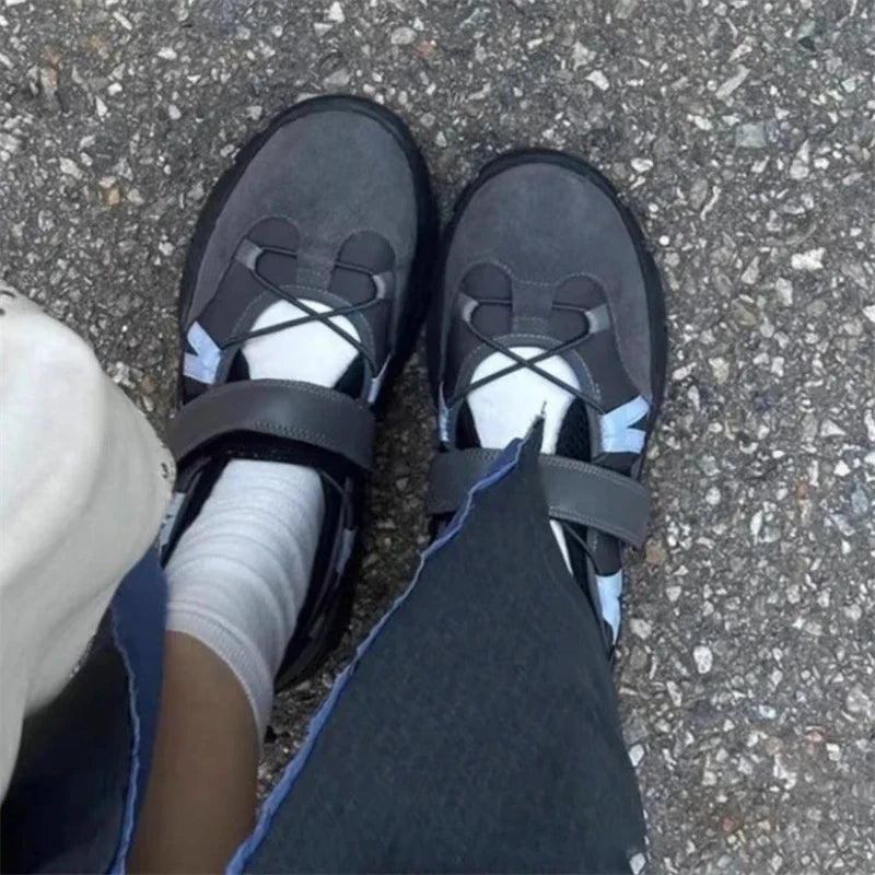 Retro HOOk&LOOP Thick Bottom Sneakers Round Toe Sport Shoes Elastic Band Design Non-Slip Tenis Femininos Shoes