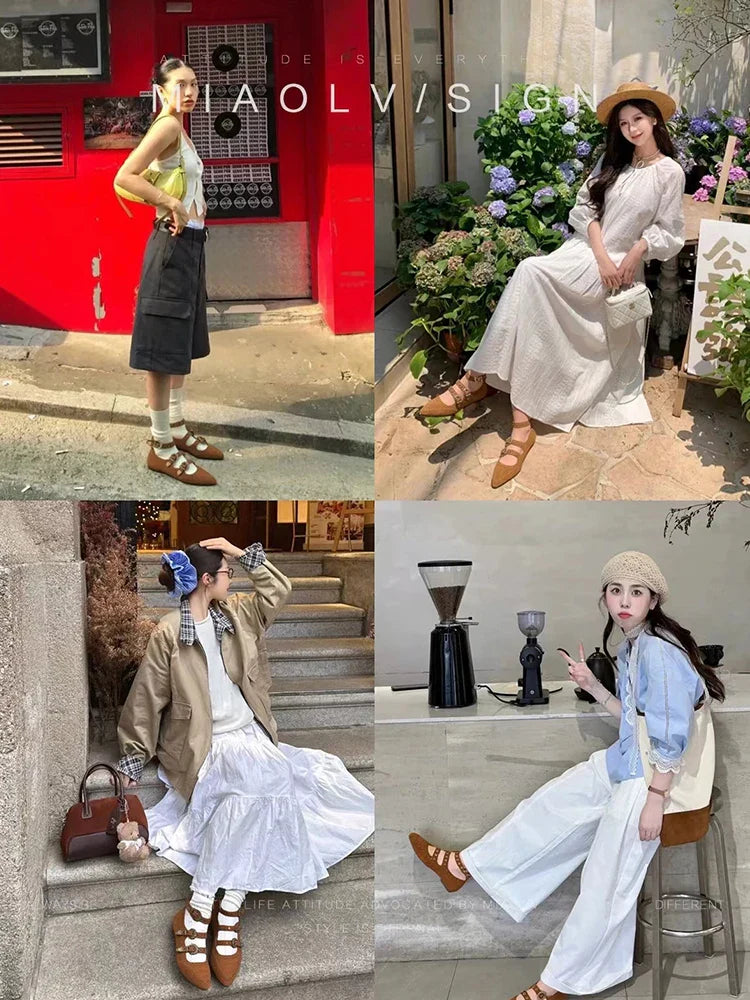 Retro Mary Jane Shoes British Style Pointed Toe Rivet Buckle Flat Bottom Beanie Shoes Girl Footwear