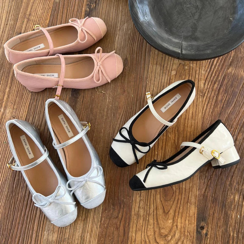 Chunky Low Heels Mary Janes Pink/Silver Patchwork High Heels Ballets Shoes Dance Bridesmade Wedding Ballerinas