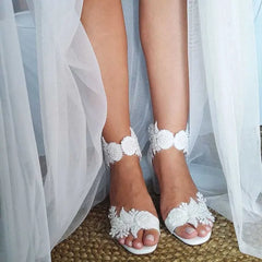 Pearl Floral Lace Ankle Strap Heeled Wedding Sandals In White Open Toe Shallow Block Heels