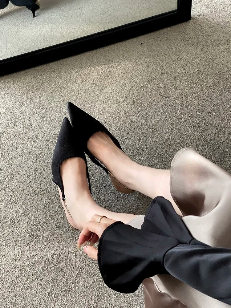 Satin Pointed Toe Mules Sandals High Quality Shallow Thin Low Heels