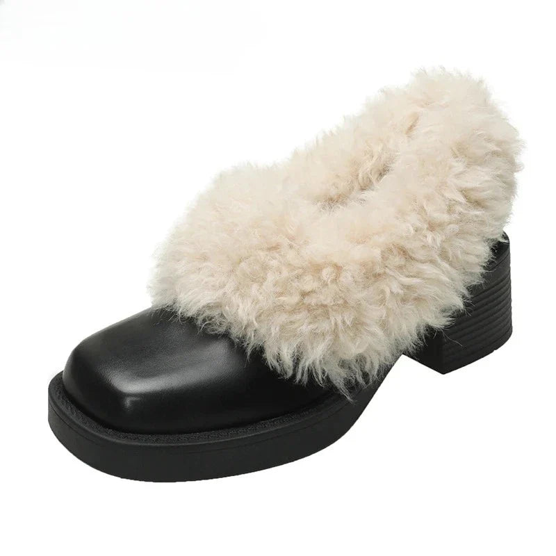 Fur Lining Mary Jane Shoes Elegant Square Toe Slip 2026 Keep Warm Thick Heel Single Shoes