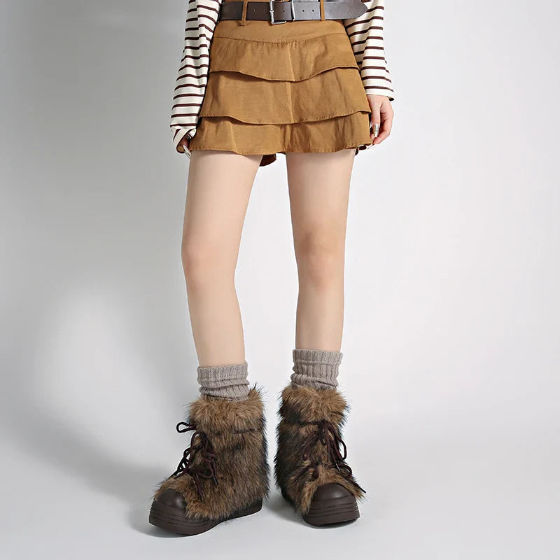 Furry Lace Up Snow Boots Concise Height Increase Shoes Thick Sole Warm Cotton Short Booties Zapatos De Muje