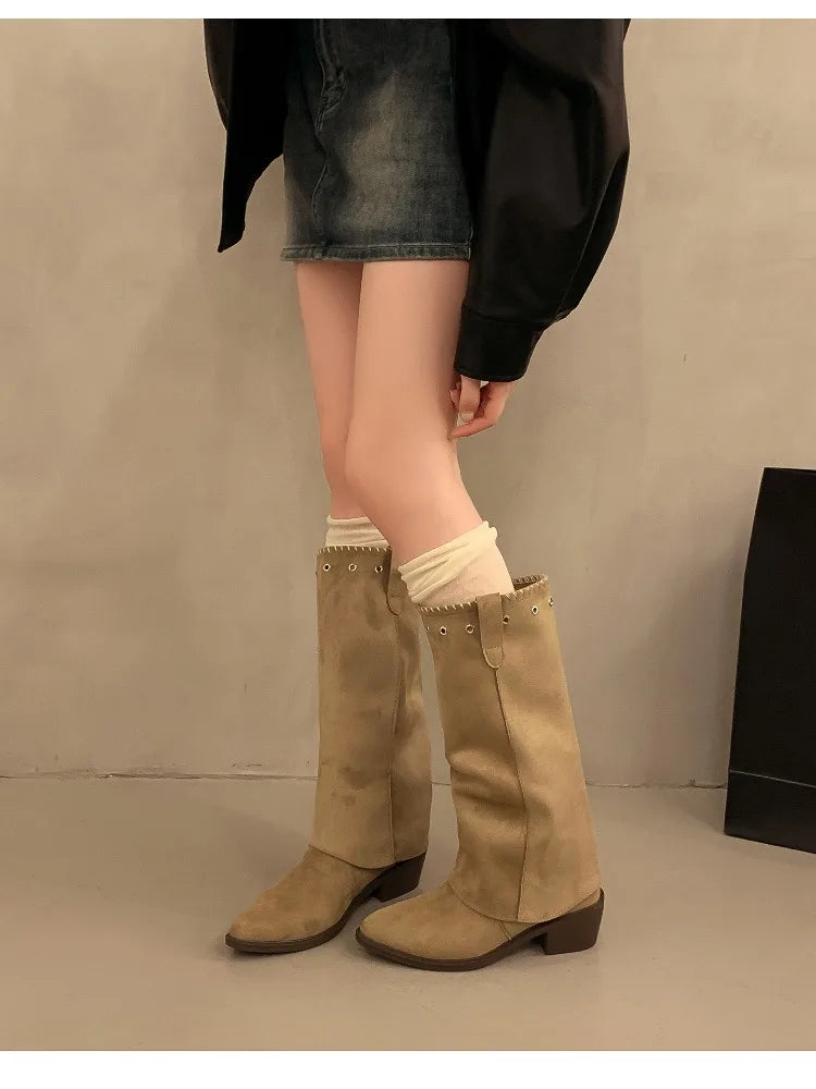 Vintage Thick Heel Western Cowboy Boots Button Combination Splicing Shoes Pipe Long Booties