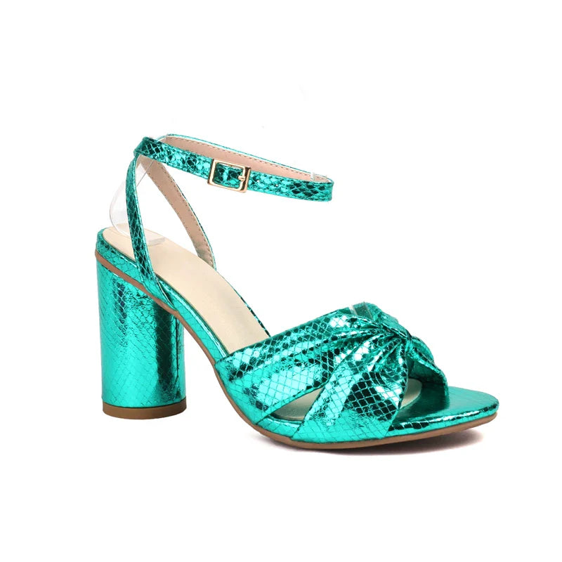 Gold Silver Greens Gladiator Sandals Round High Heel Ankle Strap American Style All-match Shoes Big Size 50