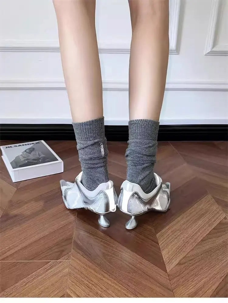 Low Heels Pointed Toe Shoes Lace Up Sports Style High Heels Colorblock Versatile Breathable Mesh Strappy Pumps