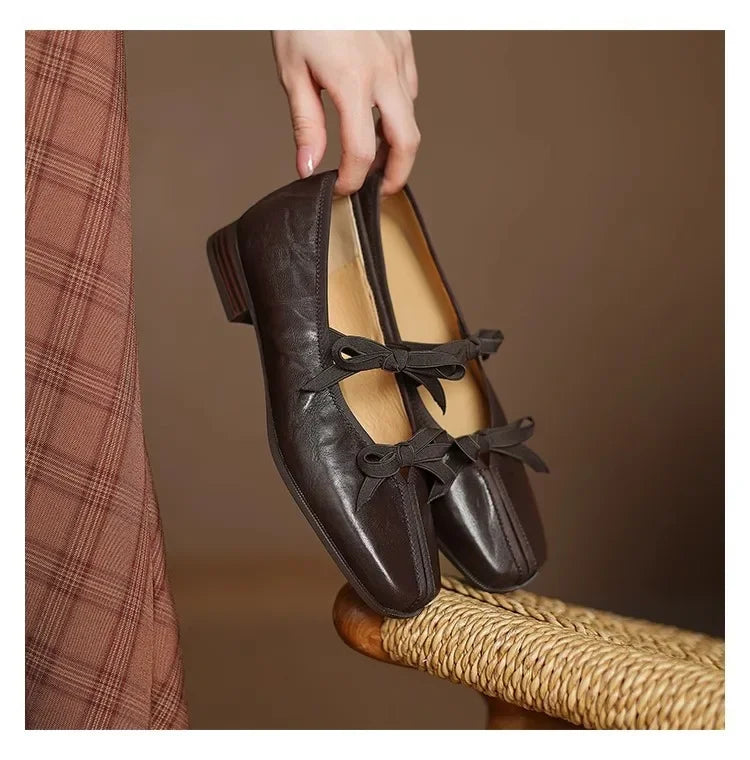 Mary Jane Shoes Ballet Bow Square Toe Mid Heels Nude Shoes Casual Elegant Shallow Pumps