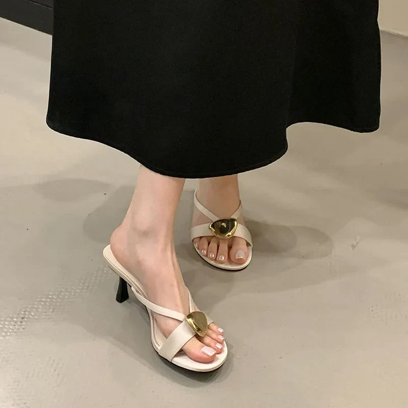Metal High Heels Pumps Slides Shoes In Slip Round Toe Thin Heels Shoes