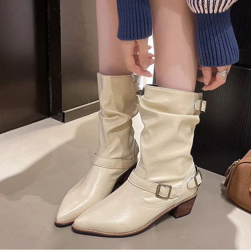 Western Cowboy Boots Vintage Slip On Thick Heel Shoes Mid Calf Botas Zapatos De Mujer