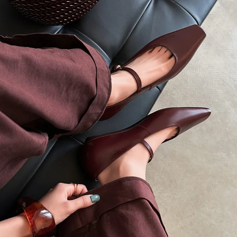 Genuine Leather Mary Jane Shoes Sandals Buckle with Square Toe Soft Bottom Shoes