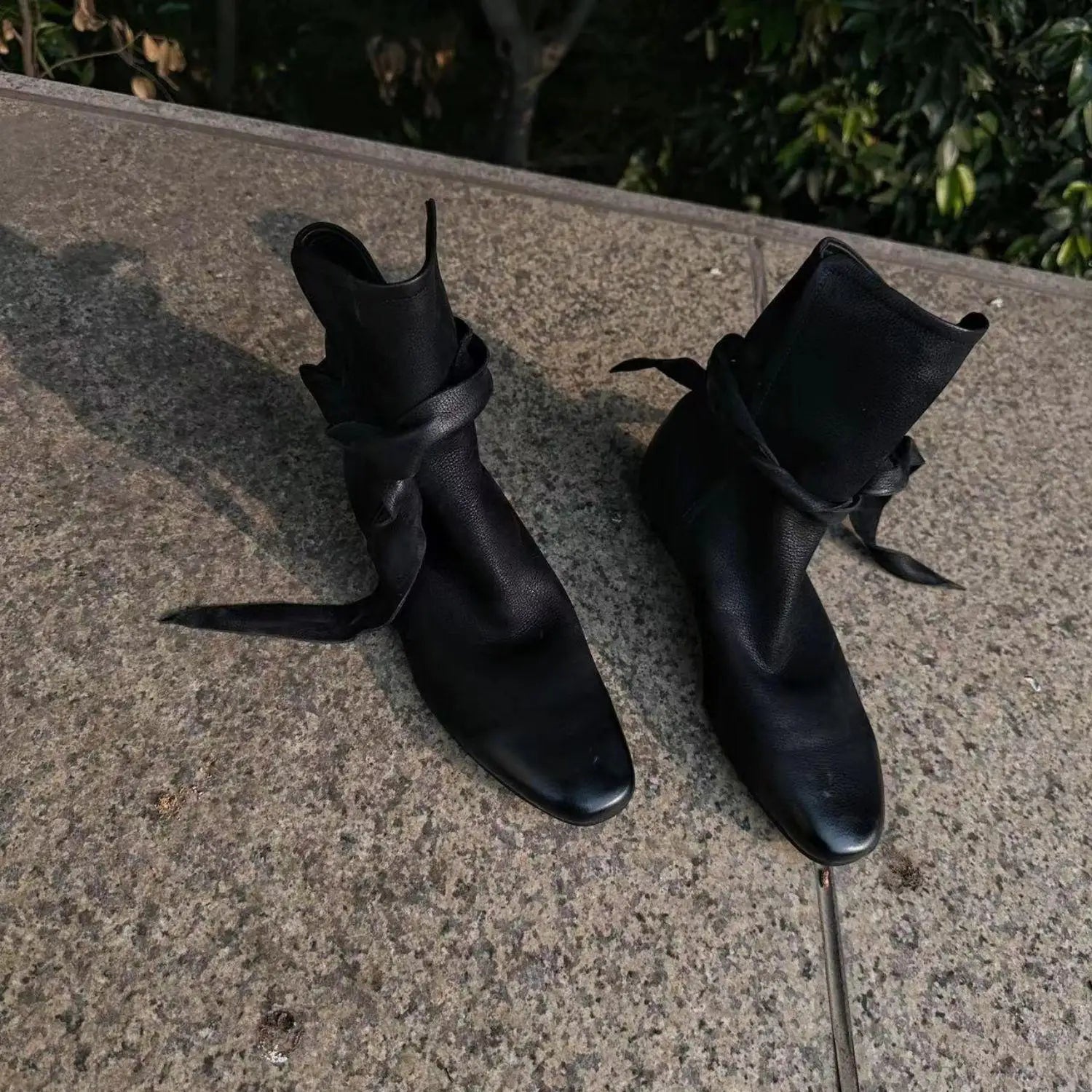 Genuine Leather Butterfly Knot Wrapped Strap Short Ankle Boots Polished Color Distressed Flat Bottomed Bare Shoes