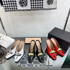 European and American Metal Buckle Slim High Heel Muller Fish Mouth Sandals Pointed Nightclub Runway Shoes