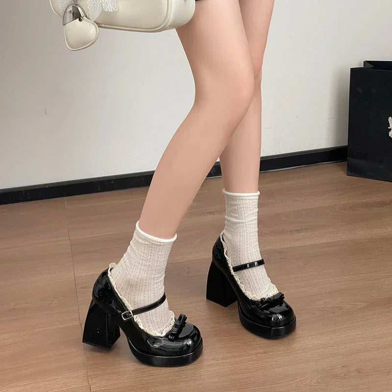 Platform High Heel Mary Jane Shoes Butterfly-knot Lace Shoes 2026 Wedding Party Shoes