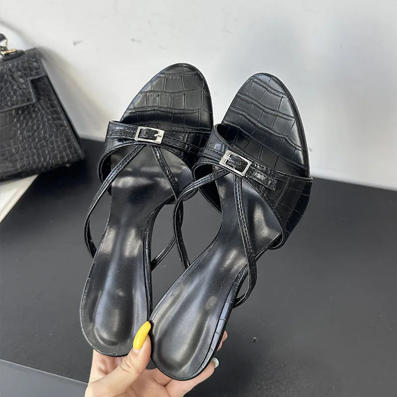 Big Size 43 Round Toe Thin Heels Sandals Shoes Shallow Elegant Heeled Sandals Black