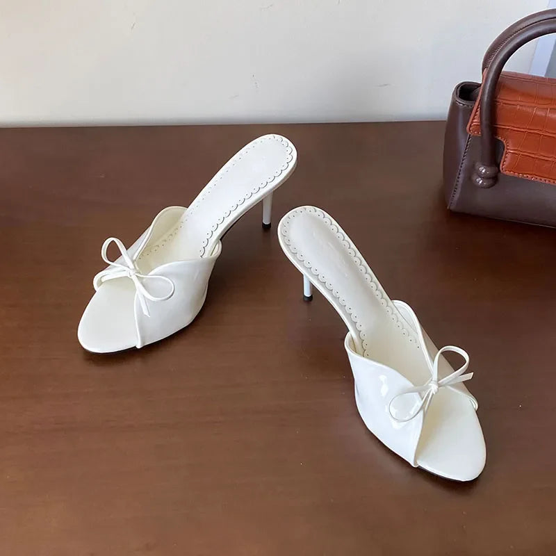 Round Toe Footwear Thin Heels Slides Shoes Butterfly-Knot Slip On High Heels Shoes