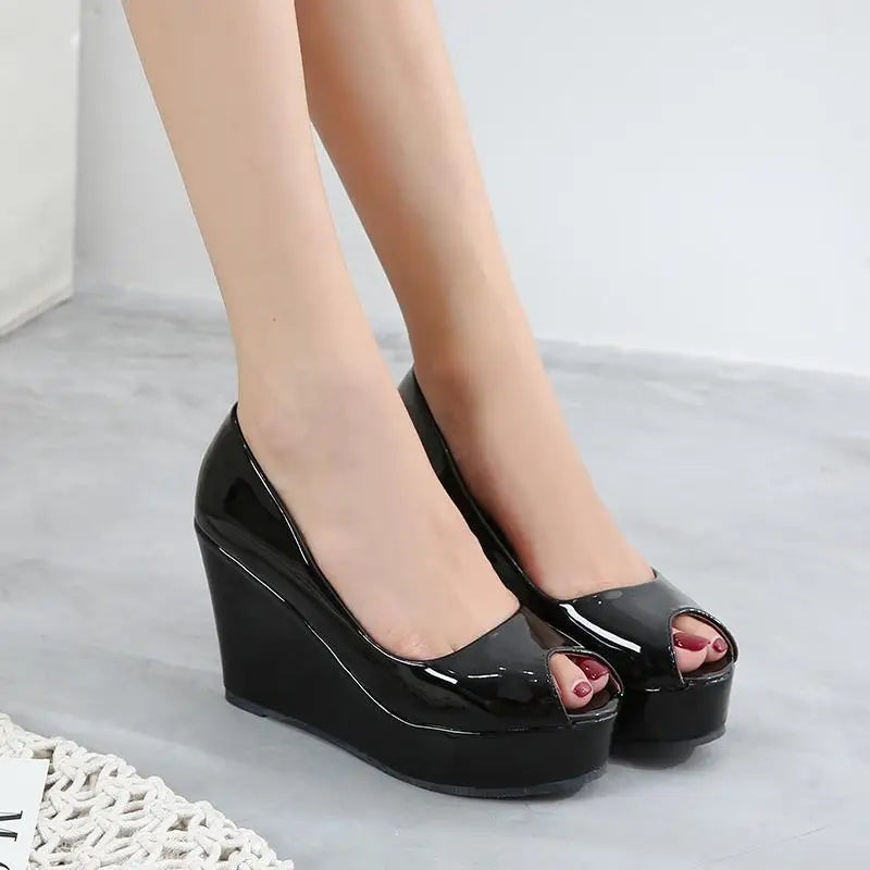 31-43 Wedge Open Toe Shoes High Heel Platform Shoes Patent Leather