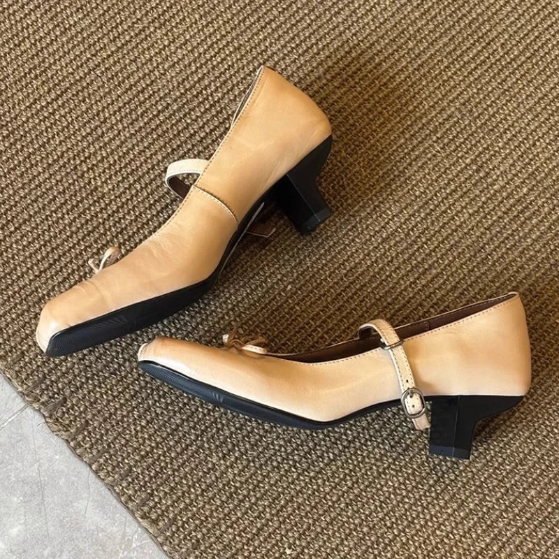 Pleated Square Toe Chunky Heel Mary Jane Shoes Bowknot Design Elegant Heels