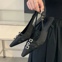Silk Medium Heels Pumps Shoes Pointed Toe Footwear Shallow Thin Heels Sandals Shoes