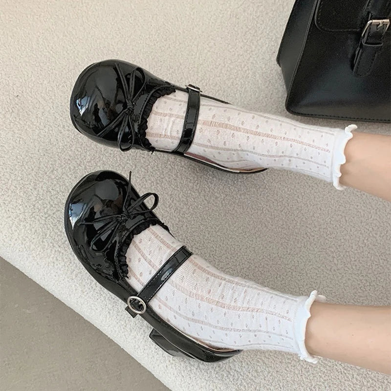Round Toe JK Mary Jane Shoes Concise Outdoor Butterfly-knot Pumps Leather Shoes