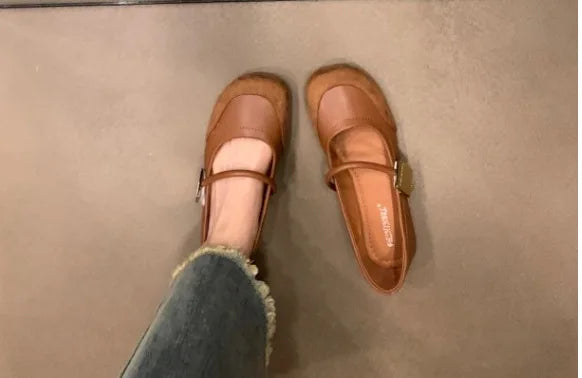 Leather Shallow Soft Sole Casual Mary Jane Shoes French Metal Buckle Flat Shoes